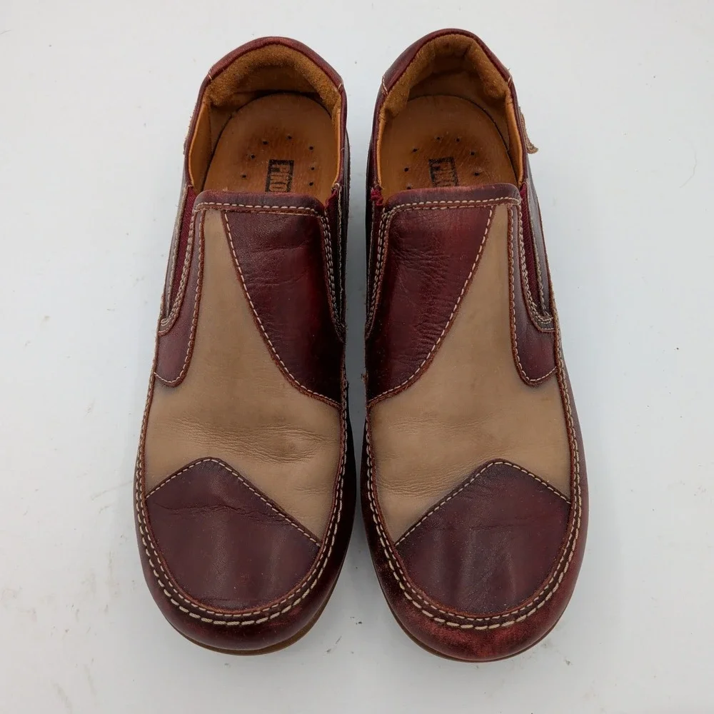 Pikolinos Lisboa Burgundy Tan Leather Colorblock Slip On Loafers 39 Womens 8.5-9